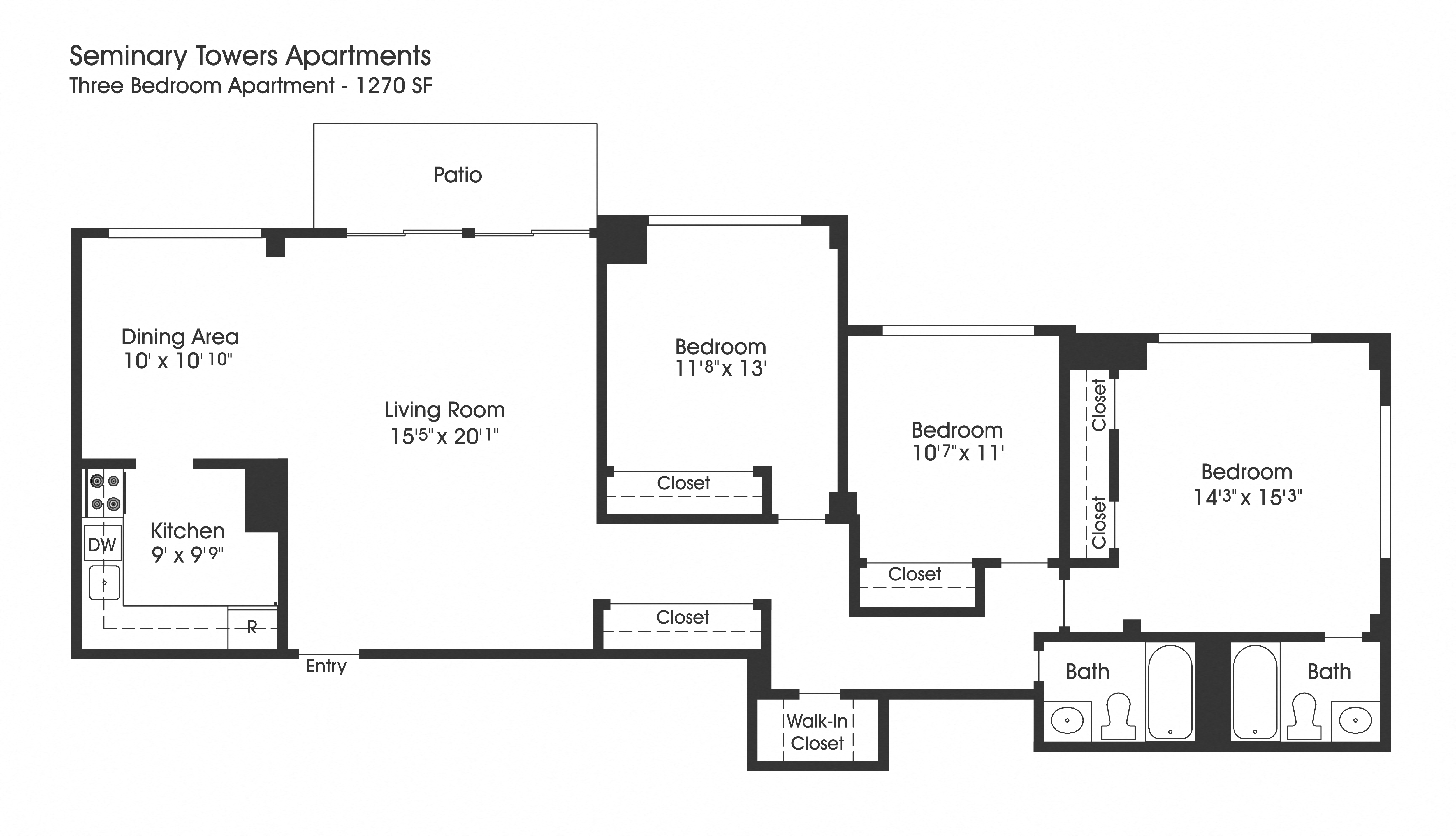 Floor plan for 3 beds, 2 baths, 1270 sqft